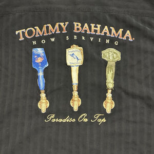 Tommy Bahama Mens 2XL Black Silk Button Down Embroidered Paradise On Tap EUC